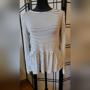 Ginger G Women's Long Sleeve Striped Peplum Top Black and White in size Small